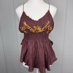 Intimately Free People Beaded Sequin Brown Vneck Tank Top Open Sides Flowy Beach